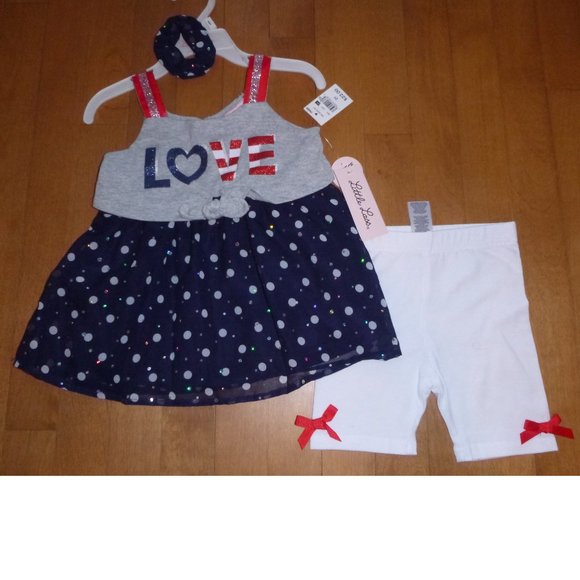 Toddler Girls Little Lass LOVE Tunic Tank Bike Shorts Scrunchie Set Size 2T NWT